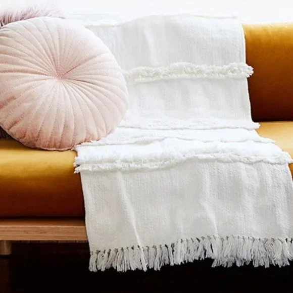 Uncommon James Textured Layered Fringe Throw in White, NEW